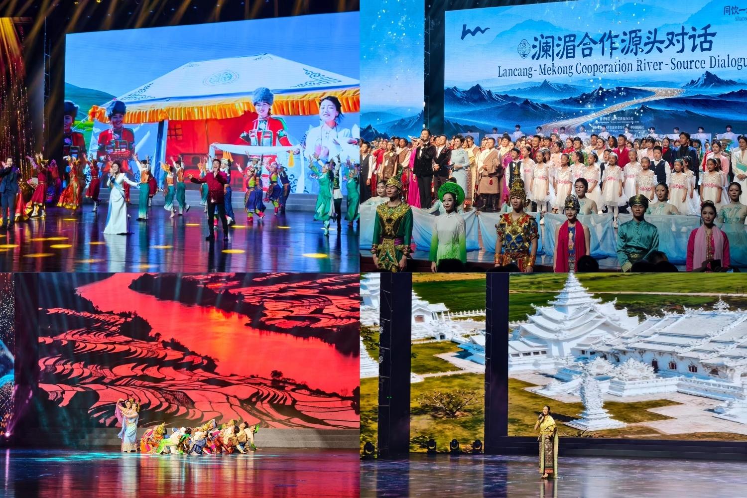 A four-photo grid showing cultural performances from various Lancang-Mekong countries during the Lancang-Mekong Cooperation River-Source Dialogue.